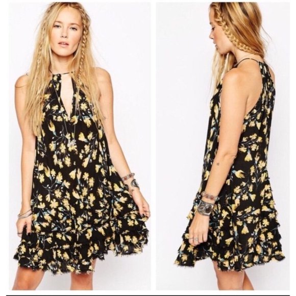 Free People Intimately Womens Dress M Mini Ruffle Swing Tank Plunge Black Floral - Picture 1 of 11